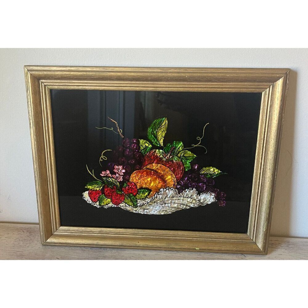 Superb Antique Folk Art Tinsel Foil Reverse Artwork Fruit bowl Gold Framed 12x15